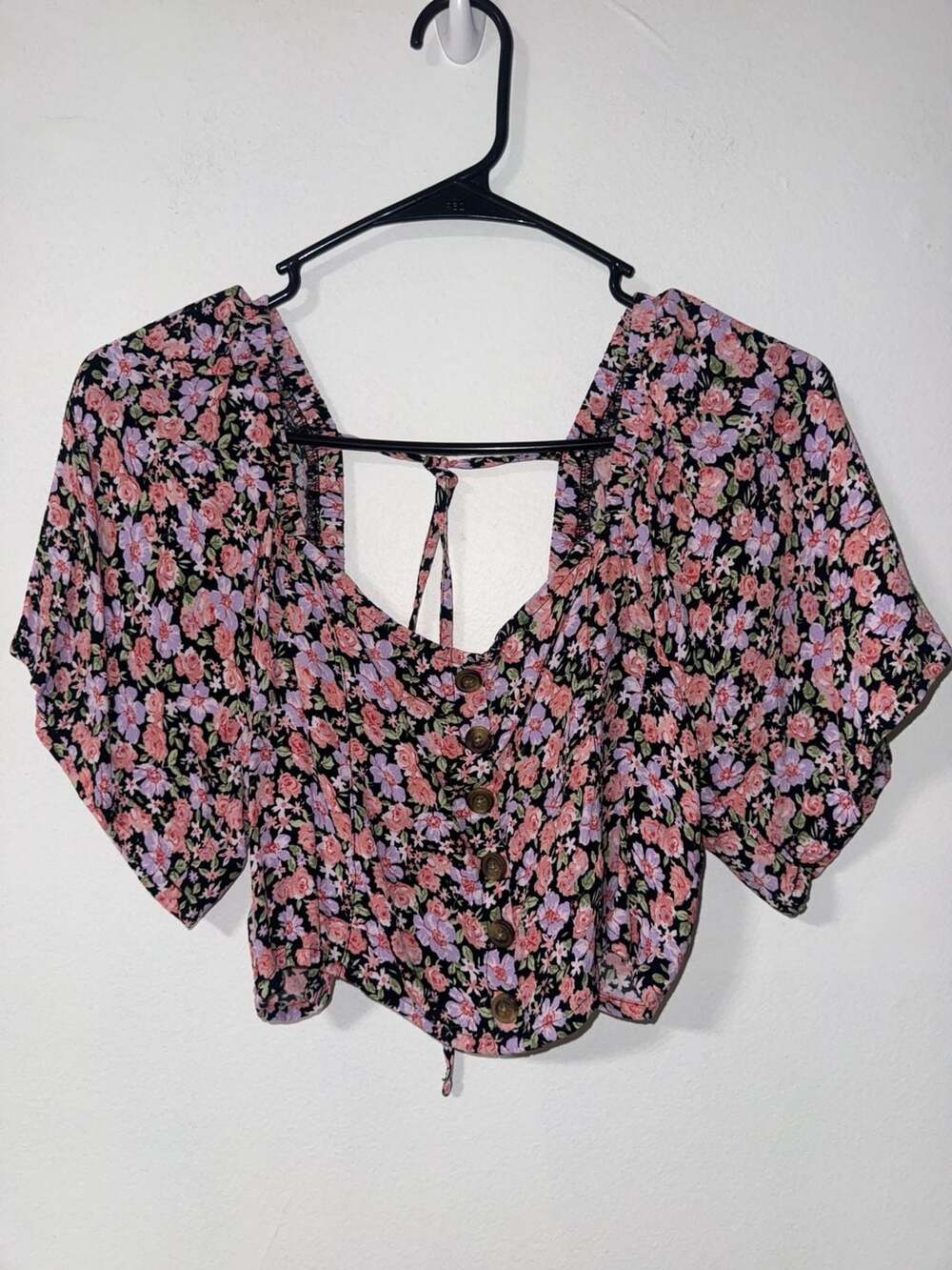 American Eagle Floral Crop Top Button Front Smocked Back Medium